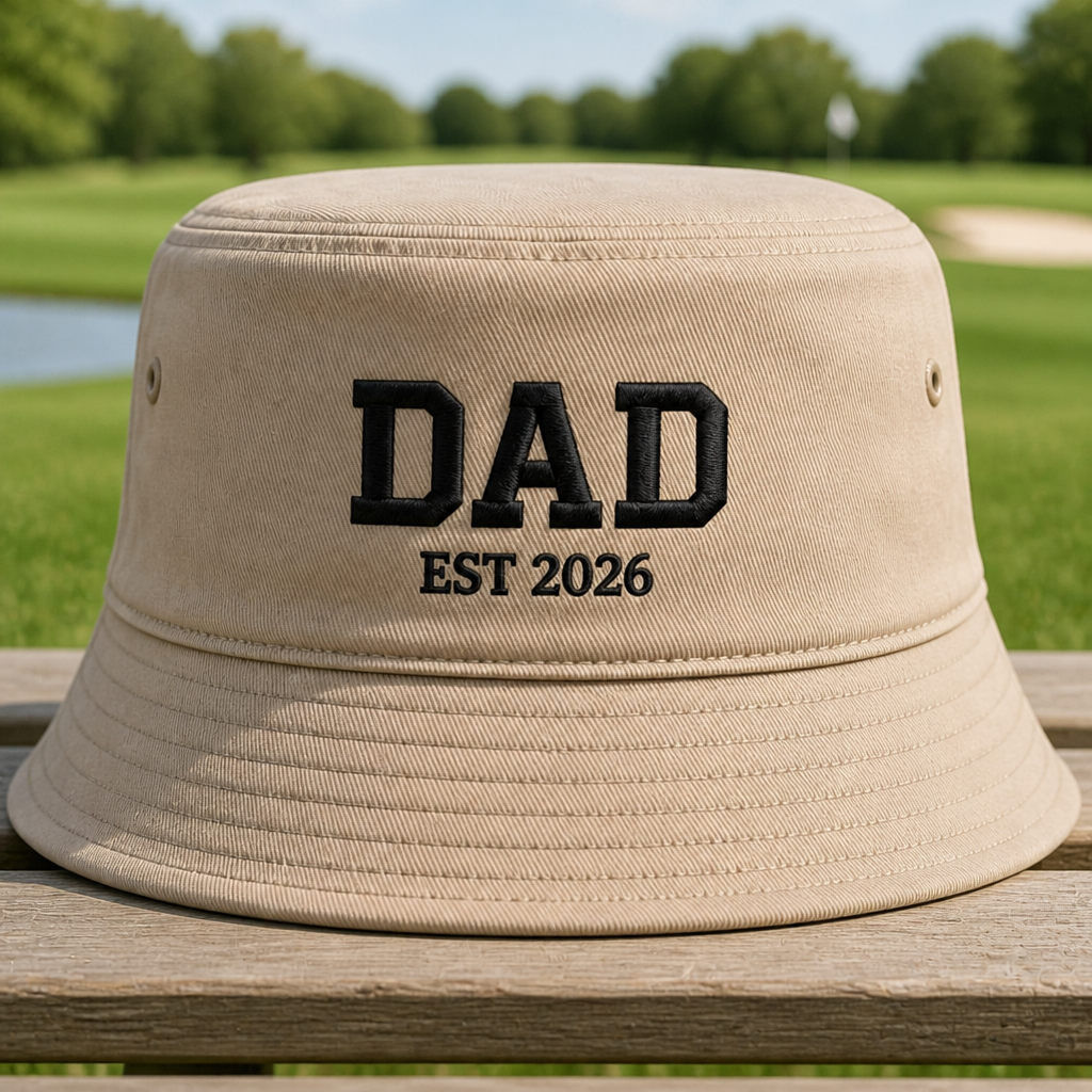 Golf Dad 2026 Embroidered Bucket Hat - Front View, Khaki