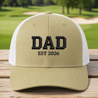 Golf Dad 2026 Embroidered Trucker Hat - Front View, Khaki - White