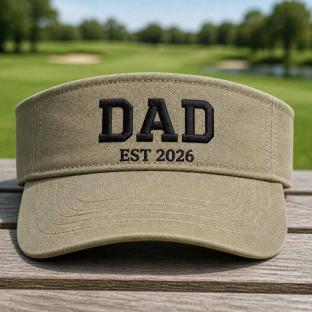 Golf Dad 2026 Embroidered Visor - Front View, Khaki