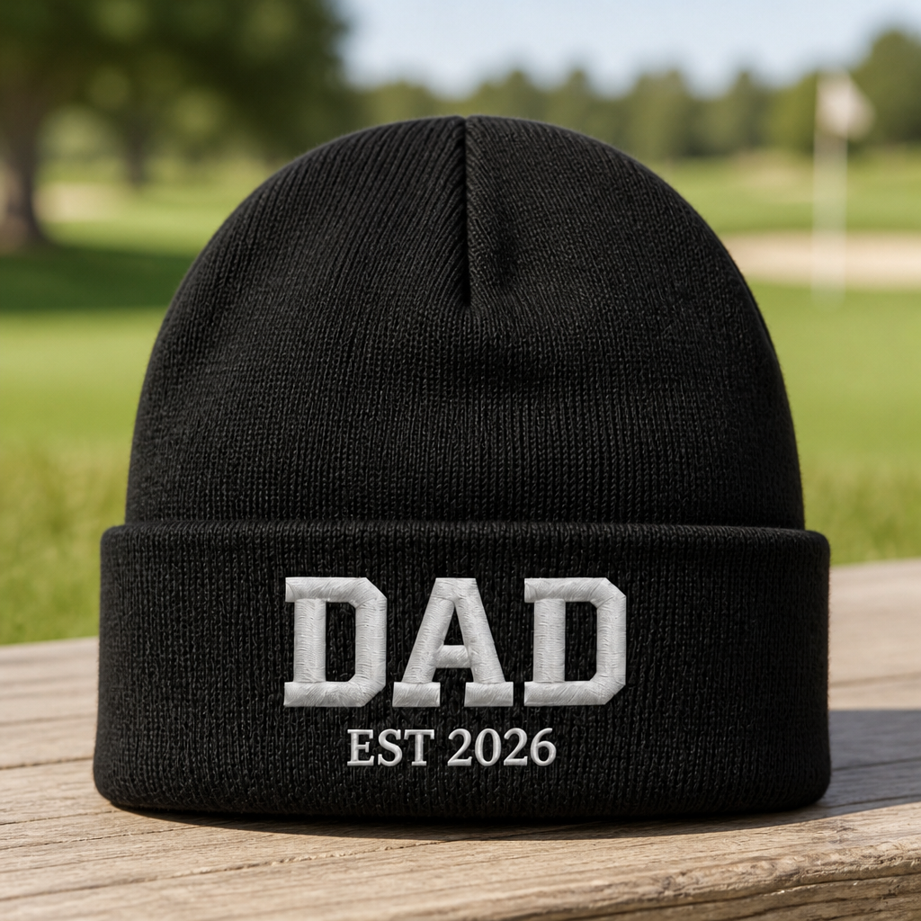 Golf Dad 2026 Embroidered Beanie - Front View, Black