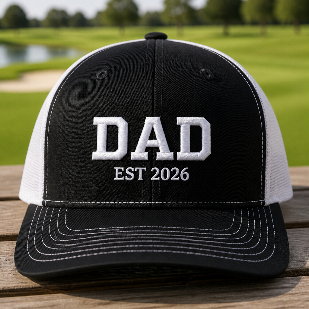 Golf Dad 2026 Embroidered Trucker Hat - Front View, Black - White
