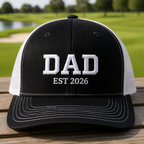 Golf Dad 2026 Embroidered Trucker Hat - Front View, Black - White