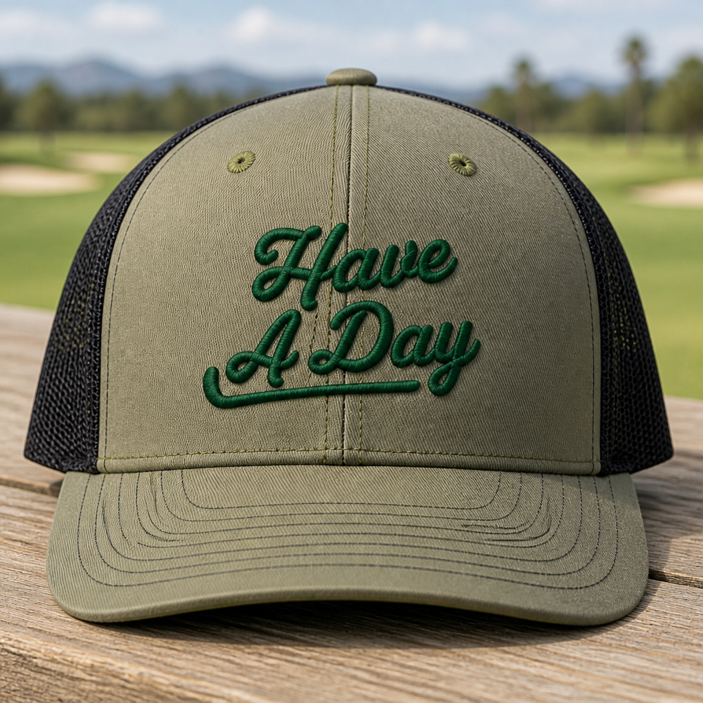 Have a day Embroidered Trucker Hat - Front View, Loden - Black