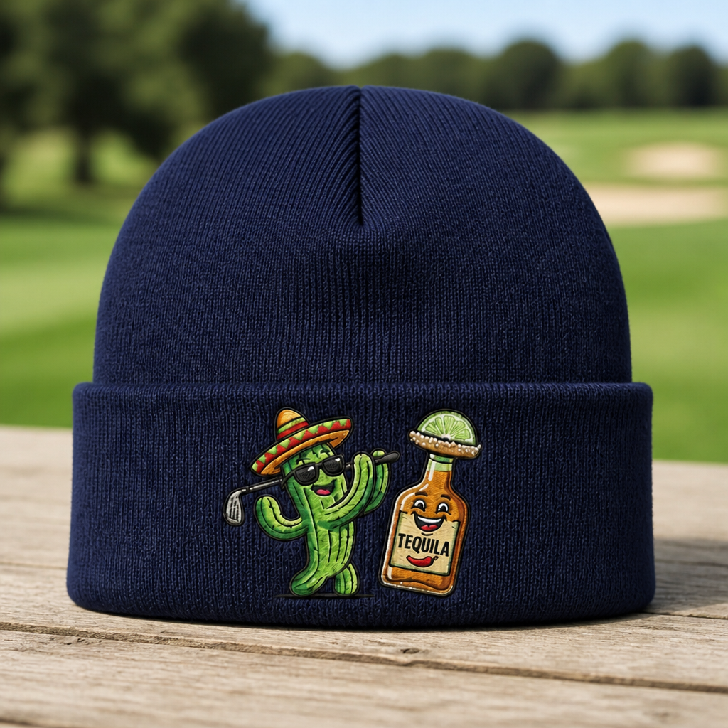 Tequila & Tee Embroidered Beanie - Front View, Navy