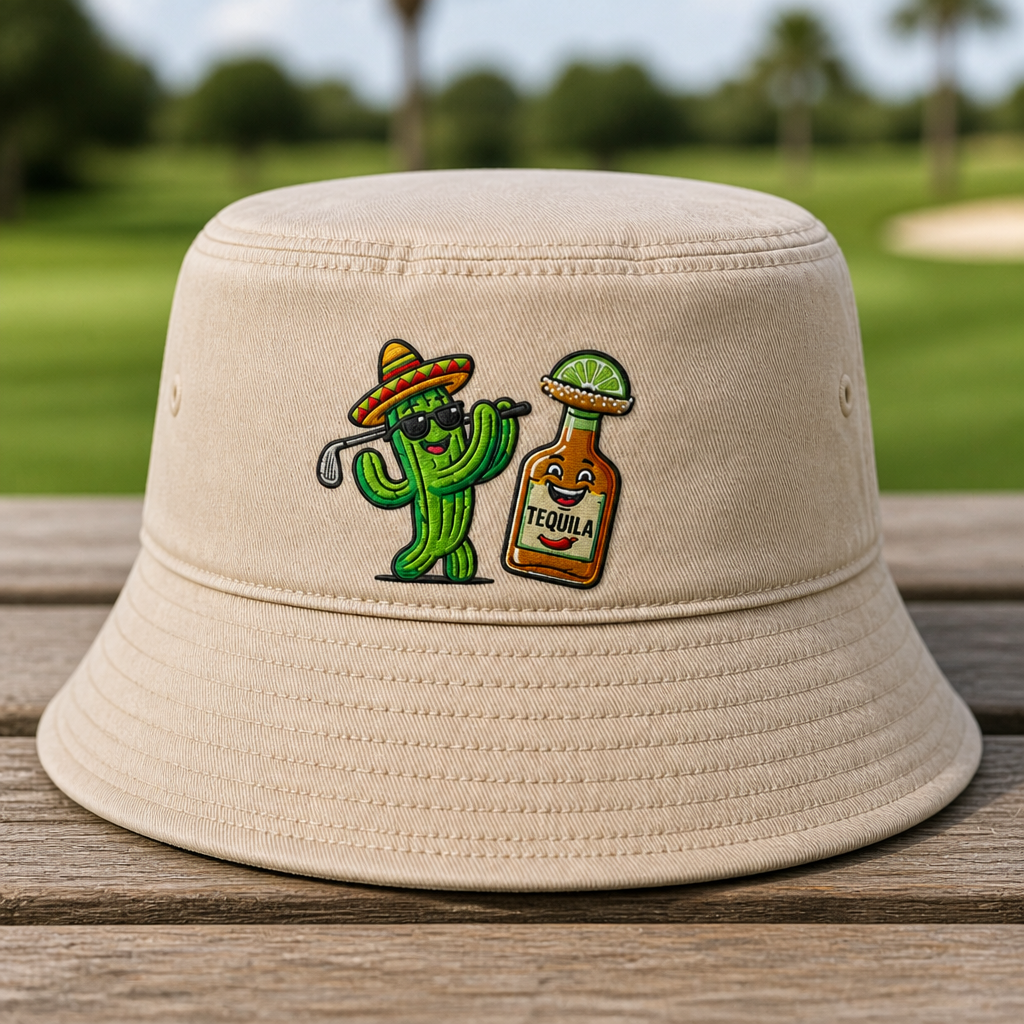 Tequila & Tee Embroidered Bucket Hat - Front View, Khaki