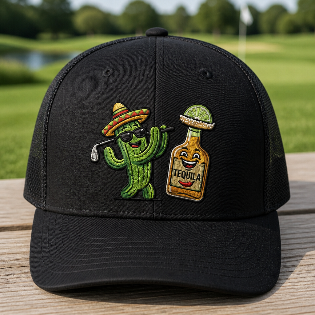 Tequila & Tee Embroidered Trucker Hat - Front View, Khaki - White