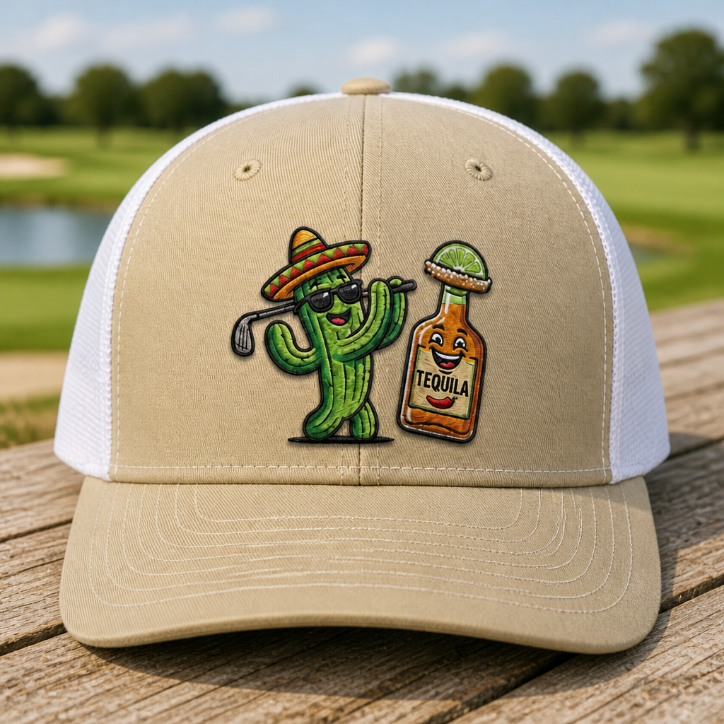 Tequila & Tee Embroidered Trucker Hat - Front View, Khaki - White