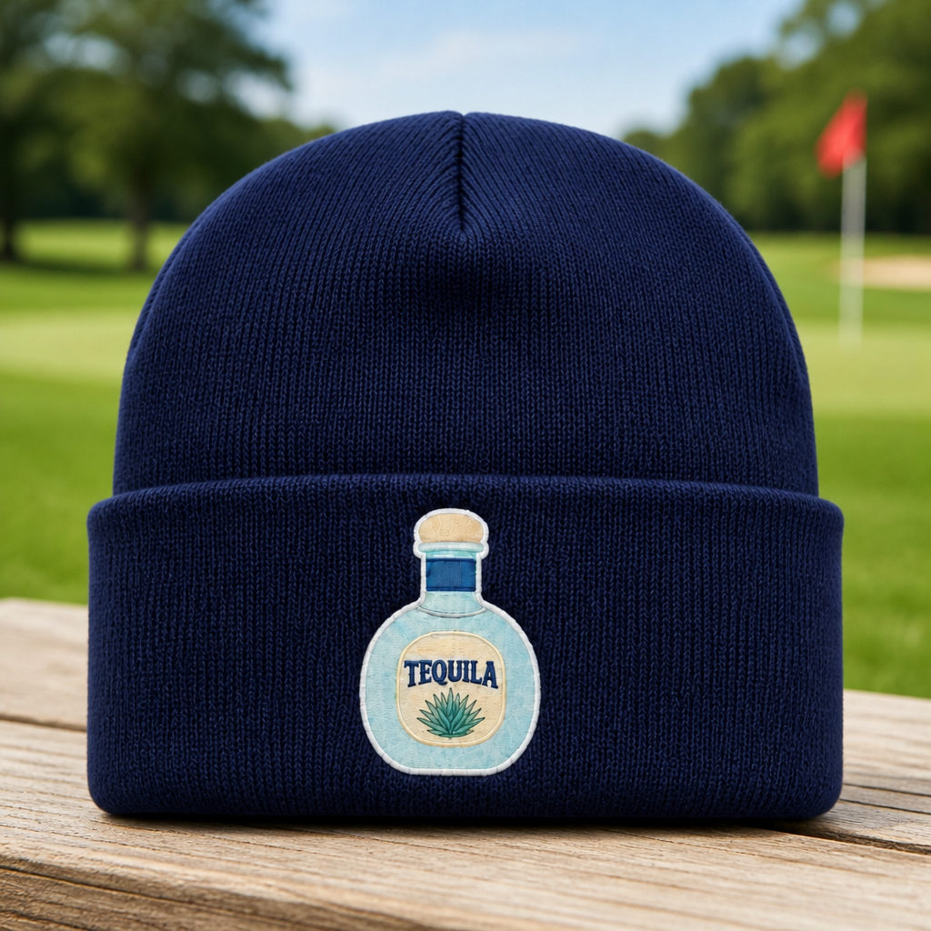 Tequila Blanco Embroidered Beanie - Front View, Navy