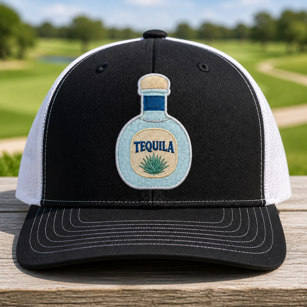 Tequila Blanco Embroidered Trucker Hat - Front View, Black - White