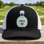 Tequila Blanco Embroidered Trucker Hat - Front View, Black - White