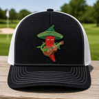 Hot Shot Embroidered Trucker Hat - Front View, Black - White