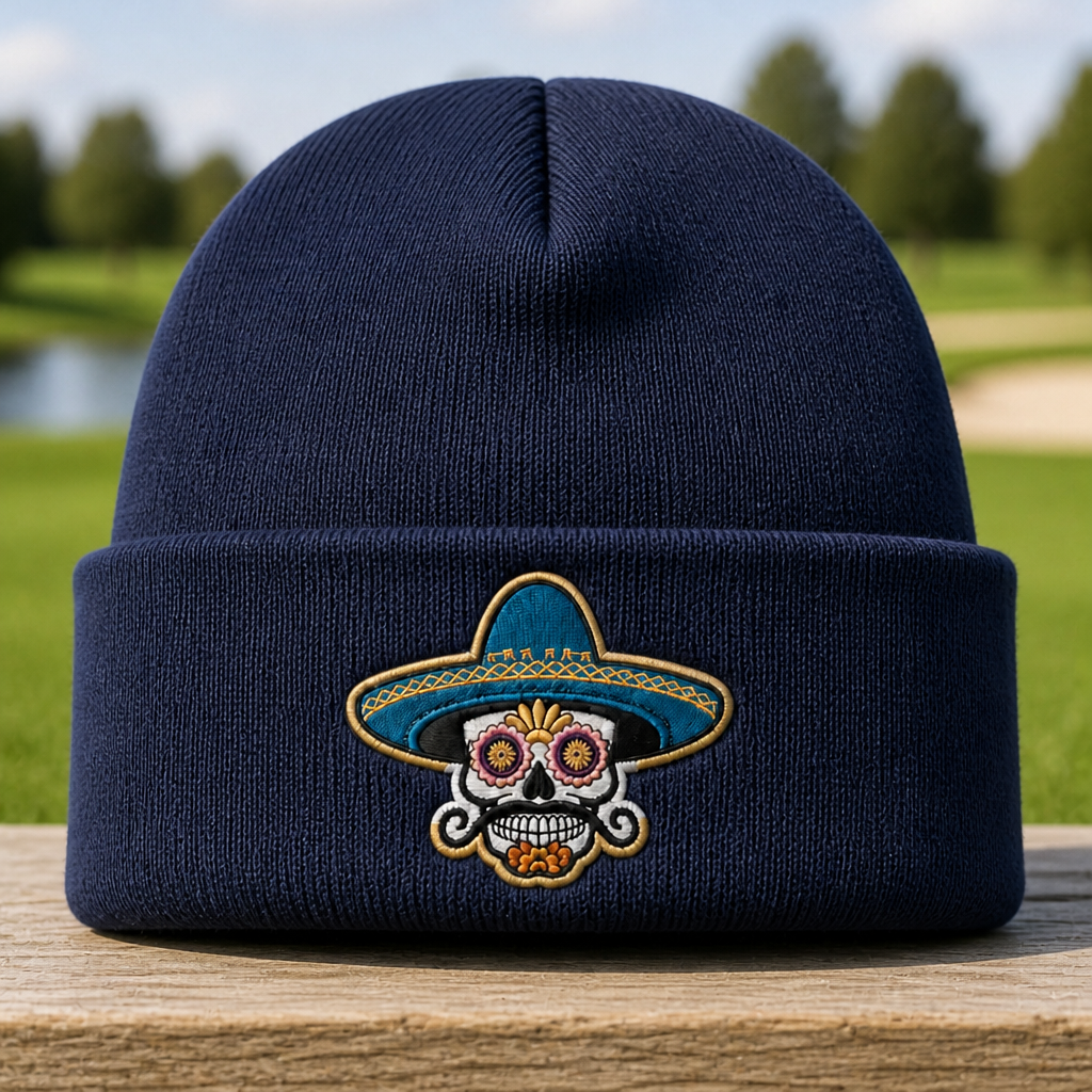 Sombrero Skull Embroidered Beanie - Front View, Navy