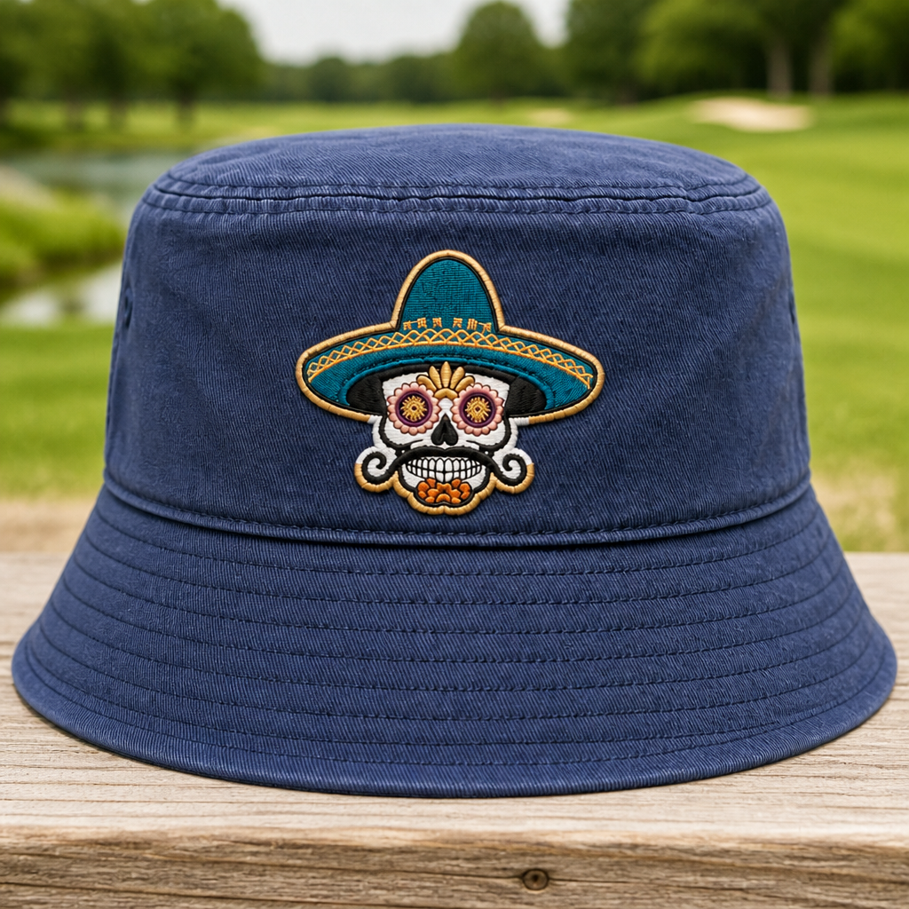 Sombrero Skull Embroidered Bucket Hat - Front View, Navy