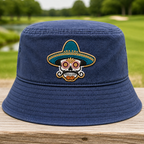 Sombrero Skull Embroidered Bucket Hat - Front View, Navy