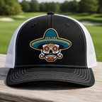 Sombrero Skull Embroidered Trucker Hat - Front View, Black - White