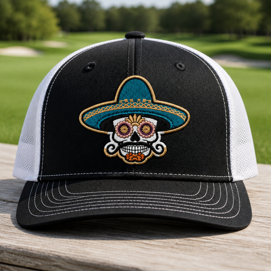 Sombrero Skull Embroidered Trucker Hat - Front View, Black - White