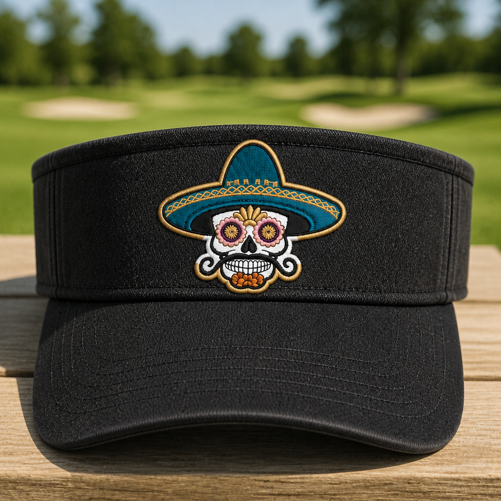 Sombrero Skull Embroidered Visor - Front View, Black