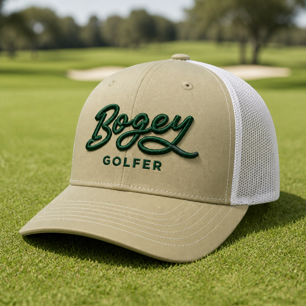 Bogey Golfer Embroidered Trucker Hat - Lifestyle, Khaki - White