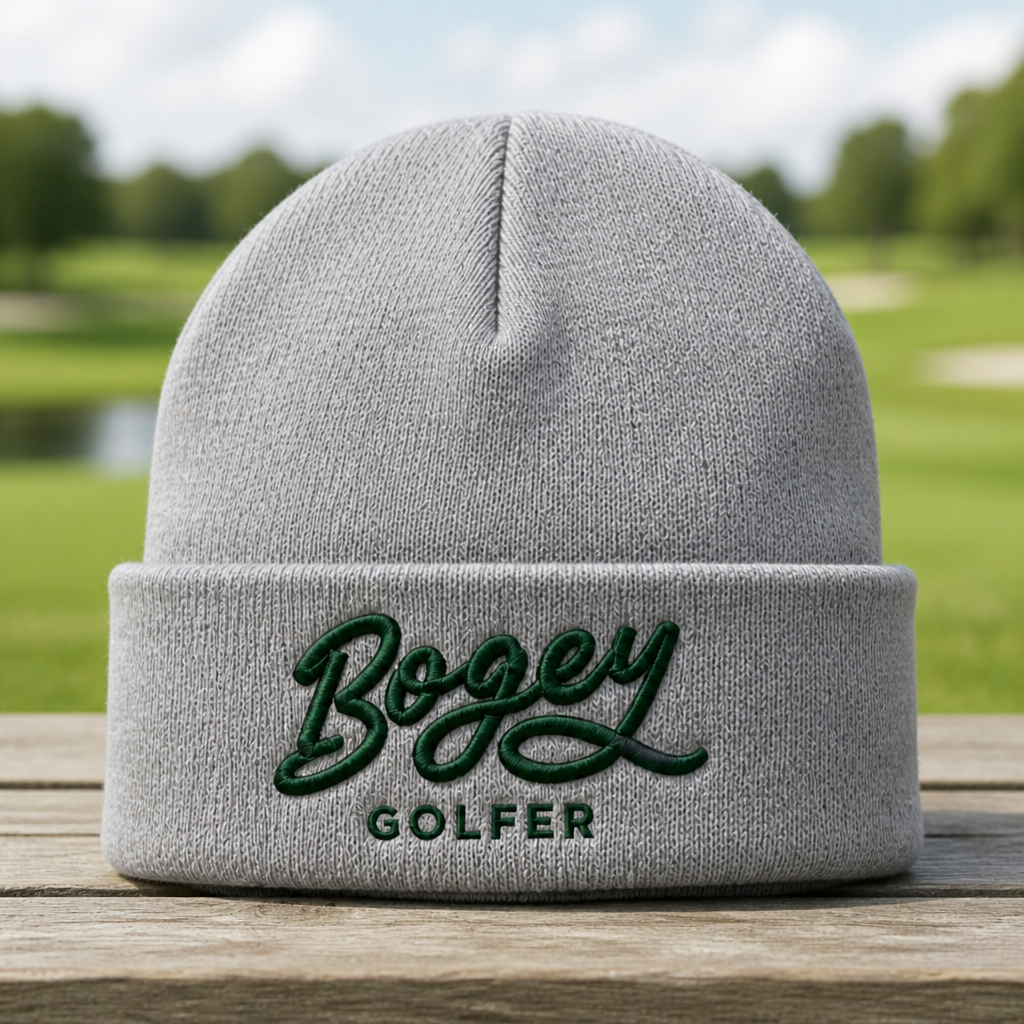 Bogey Golfer Embroidered Beanie - Front View, Sport Grey