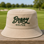 Bogey Golfer Embroidered Bucket Hat - Front View, Khaki