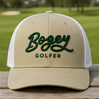 Bogey Golfer Embroidered Trucker Hat - Front View, Khaki - White