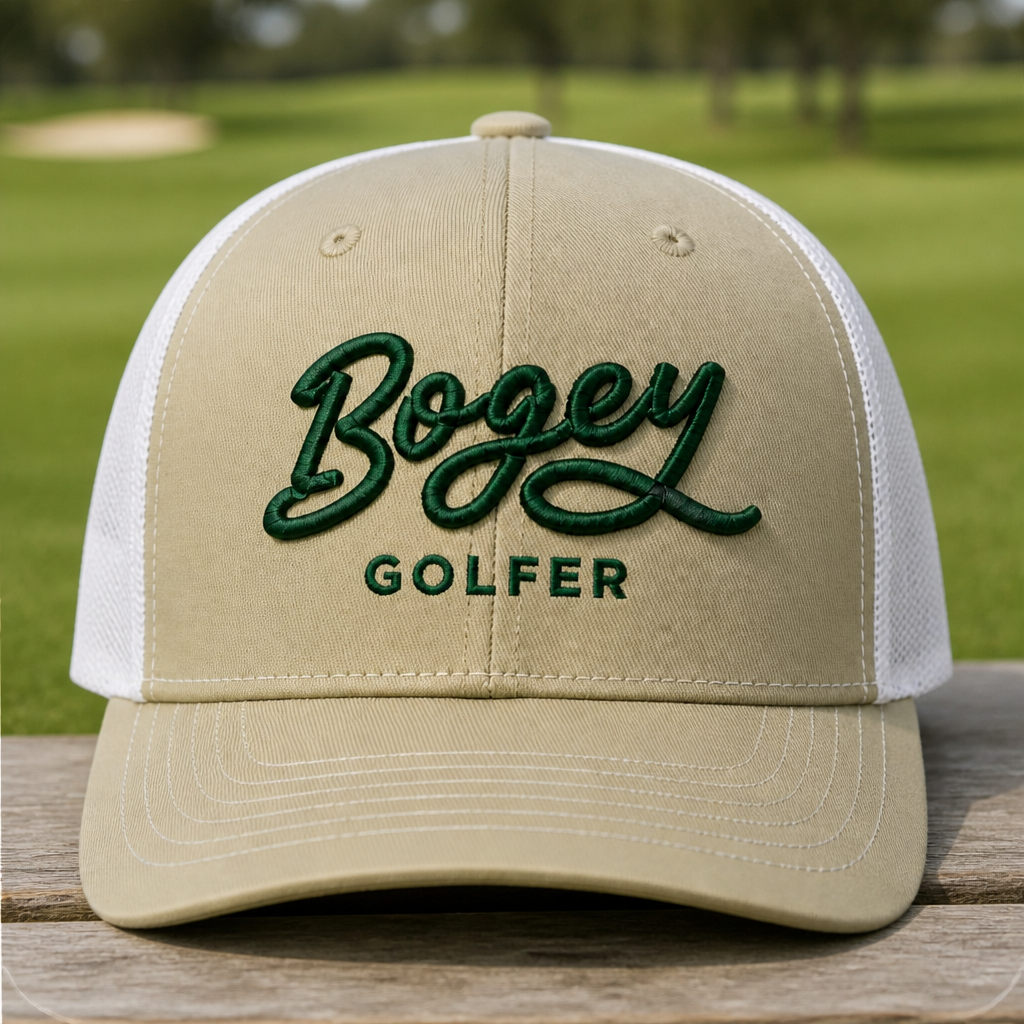 Bogey Golfer Embroidered Trucker Hat - Front View, Khaki - White