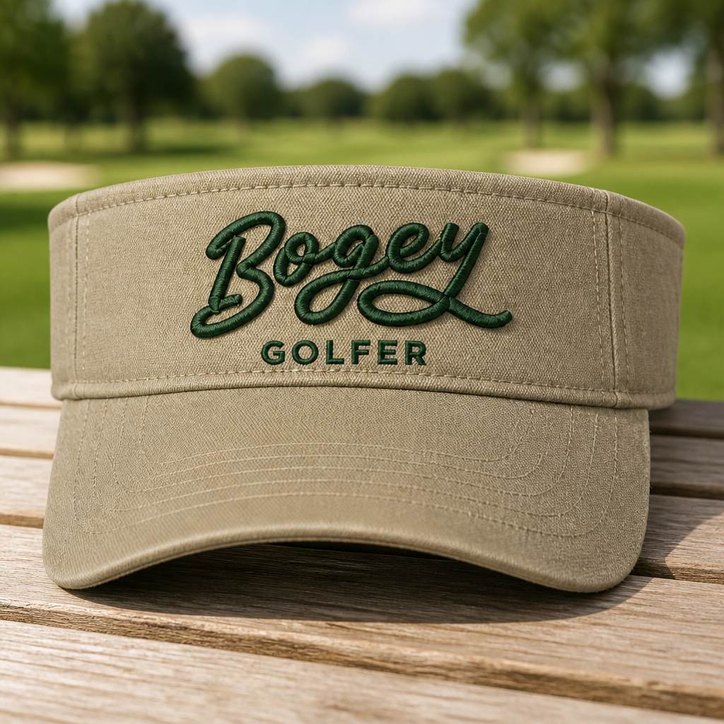 Bogey Golfer Embroidered Visor - Front View, Khaki