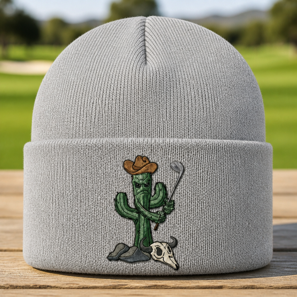 Cactus Caddie Embroidered Beanie - Front View, Sport Grey