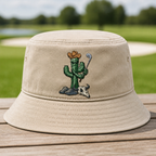 Cactus Caddie Embroidered Bucket Hat - Front View, Khaki