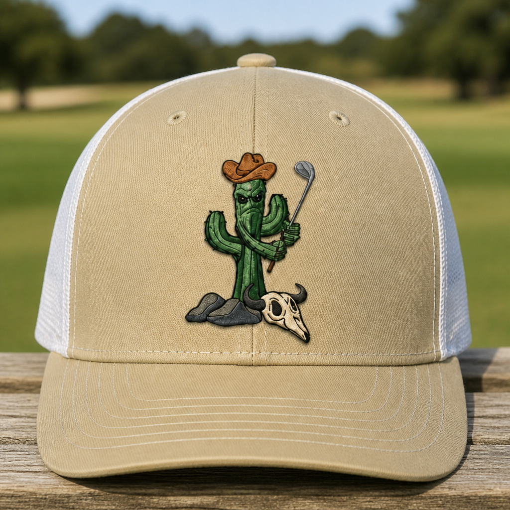 Cactus Caddie Embroidered Trucker Hat - Front View, Khaki - White