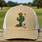 Cactus Caddie Embroidered Trucker Hat - Front View, Khaki - White