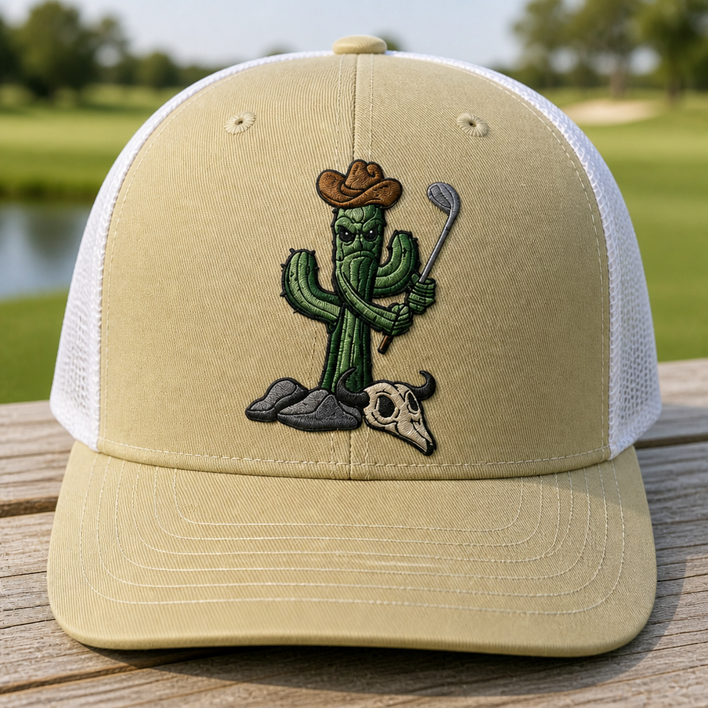 Cactus Caddie Embroidered Trucker Hat - Front View, Khaki - White