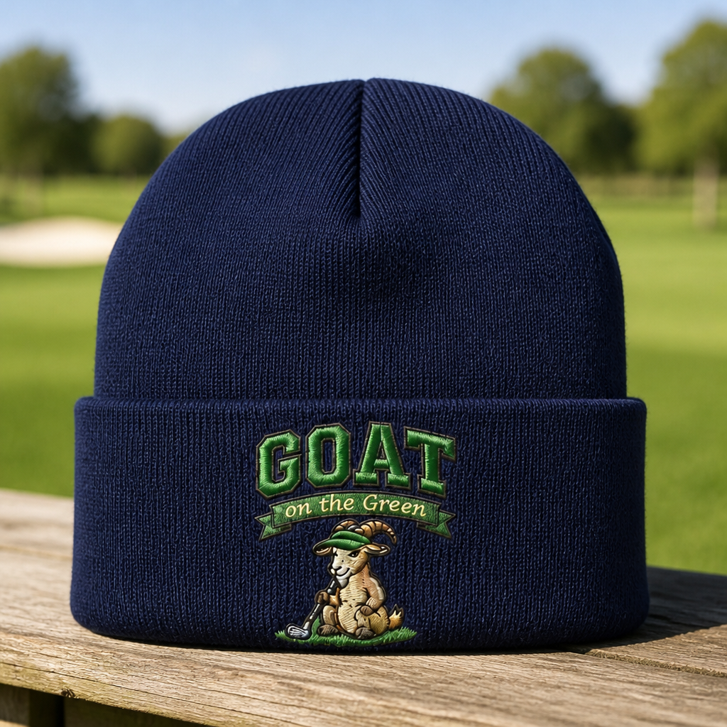 GOAT on the Green Embroidered Beanie - Front View, Navy