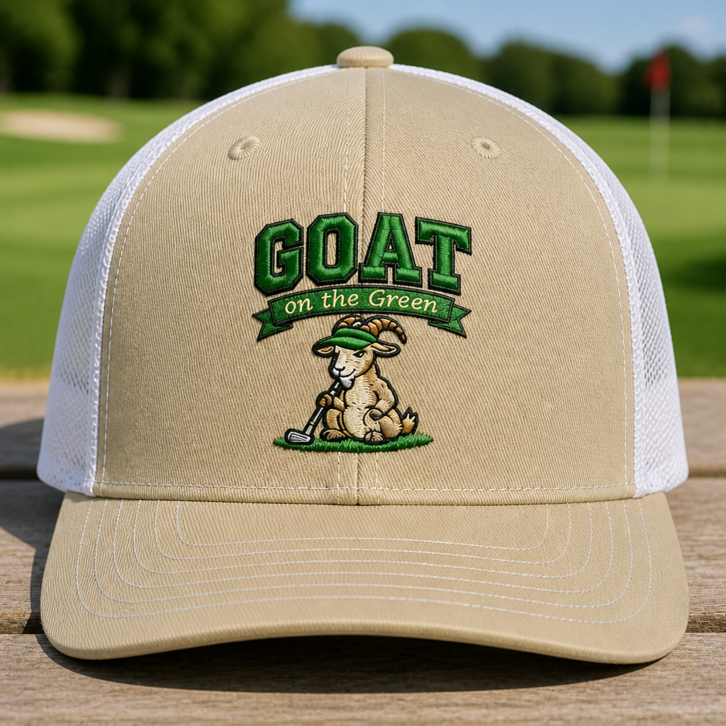 GOAT on the Green Embroidered Trucker Hat - Front View, Khaki - White