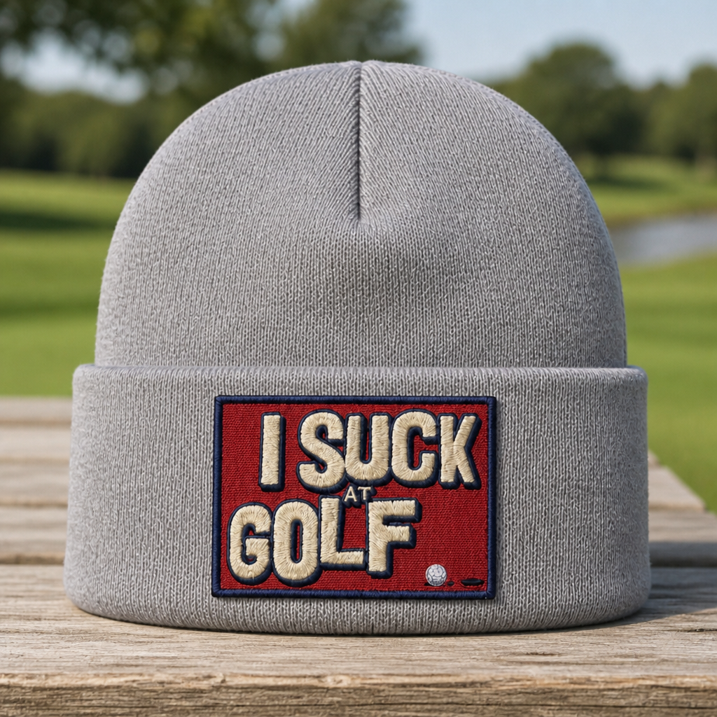 I Suck At Embroidered Beanie - Front View, Sport Grey