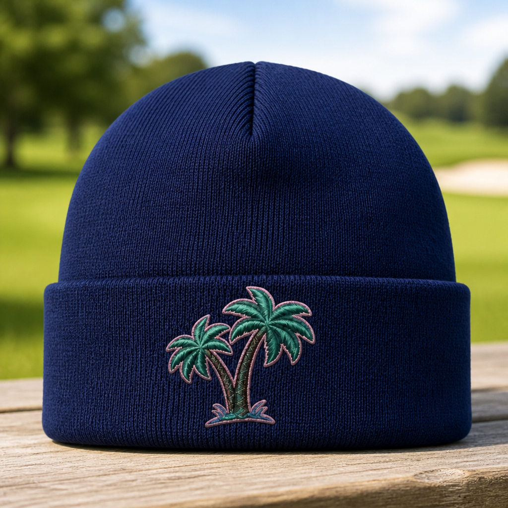 Fairway Palms Embroidered Beanie - Front View, Navy