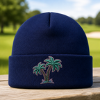 Fairway Palms Embroidered Beanie - Front View, Navy