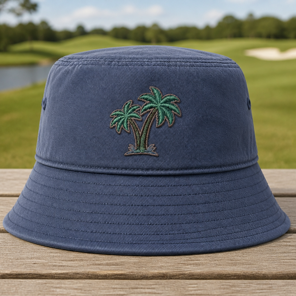 Fairway Palms Embroidered Bucket Hat - Front View, Navy