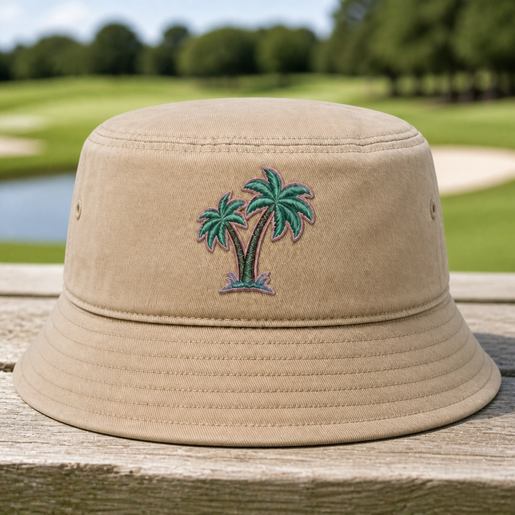 Fairway Palms Embroidered Bucket Hat - Front View, Khaki