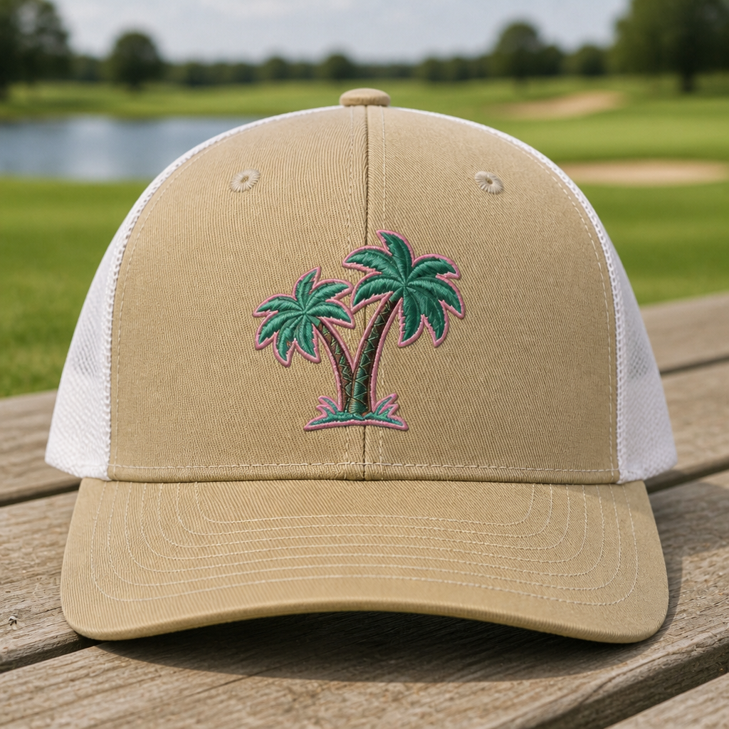 Fairway Palms Embroidered Trucker Hat - Front View, Khaki - White
