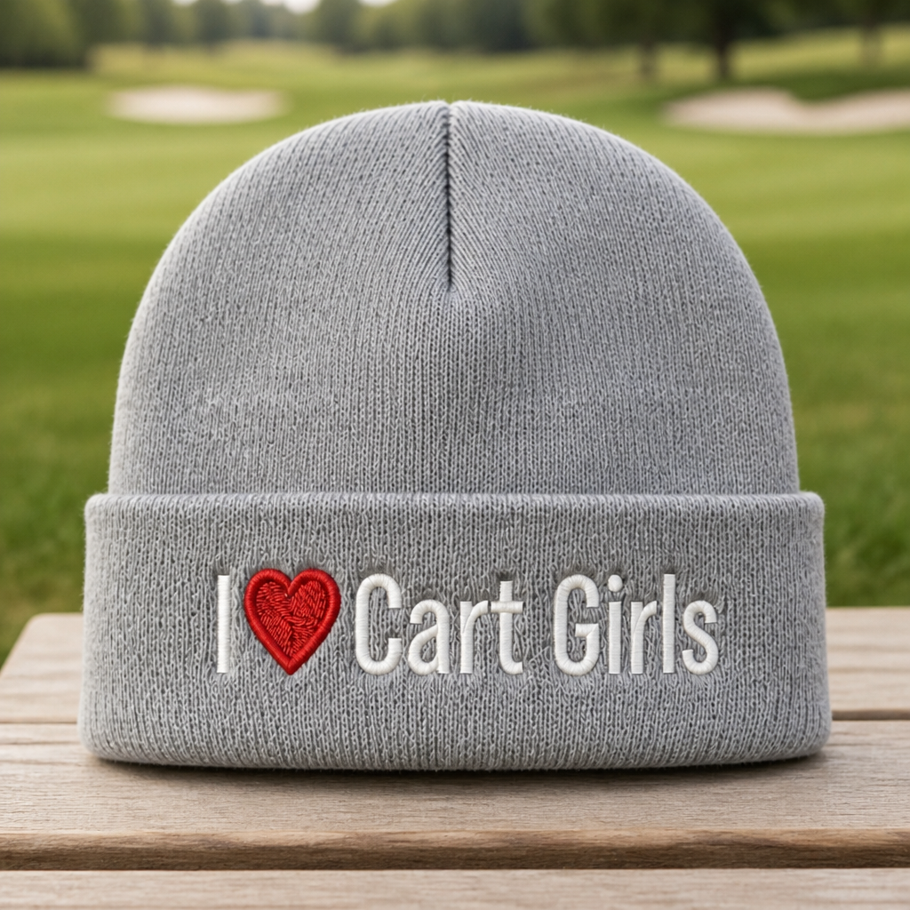 I Heart Cart Girls Embroidered Beanie - Front View, Sport Grey