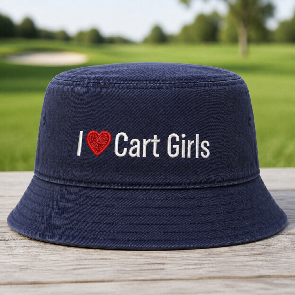 I Heart Cart Girls Embroidered Bucket Hat - Front View, Navy