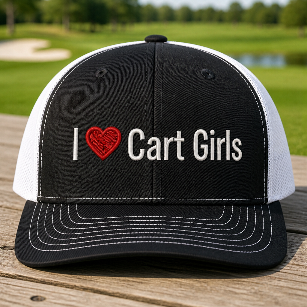 I Heart Cart Girls Embroidered Trucker Hat - Front View, Black - White