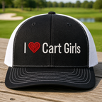 I Heart Cart Girls Embroidered Trucker Hat - Front View, Black - White