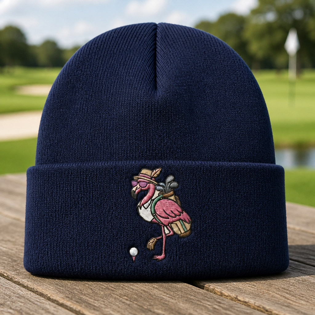 Flamingo Embroidered Beanie - Front View, Navy
