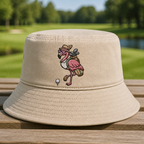 Flamingo Embroidered Bucket Hat - Front View, Khaki