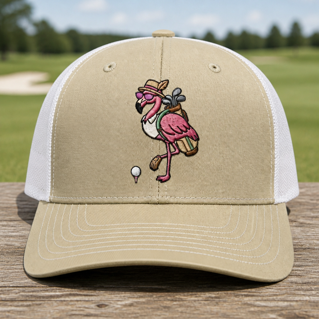 Flamingo Embroidered Trucker Hat - Front View, Khaki - White