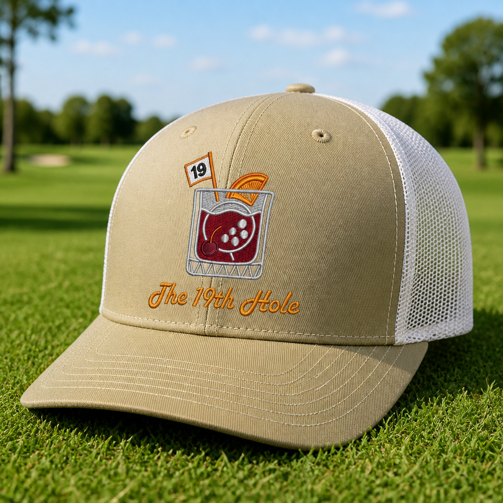 The 19th Hole Embroidered Trucker Hat - Lifestyle, Khaki - White
