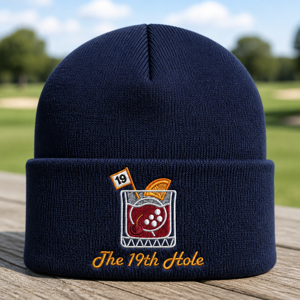 The 19th Hole Embroidered Beanie - Front View, Navy
