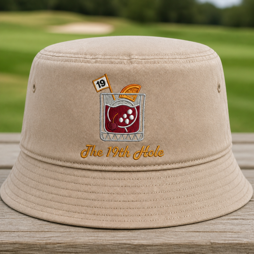 The 19th Hole Embroidered Bucket Hat - Front View, Khaki